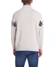 Back view of the Snowflake Quarter Zip Sweater in Beige, featuring black details on the sleeves.