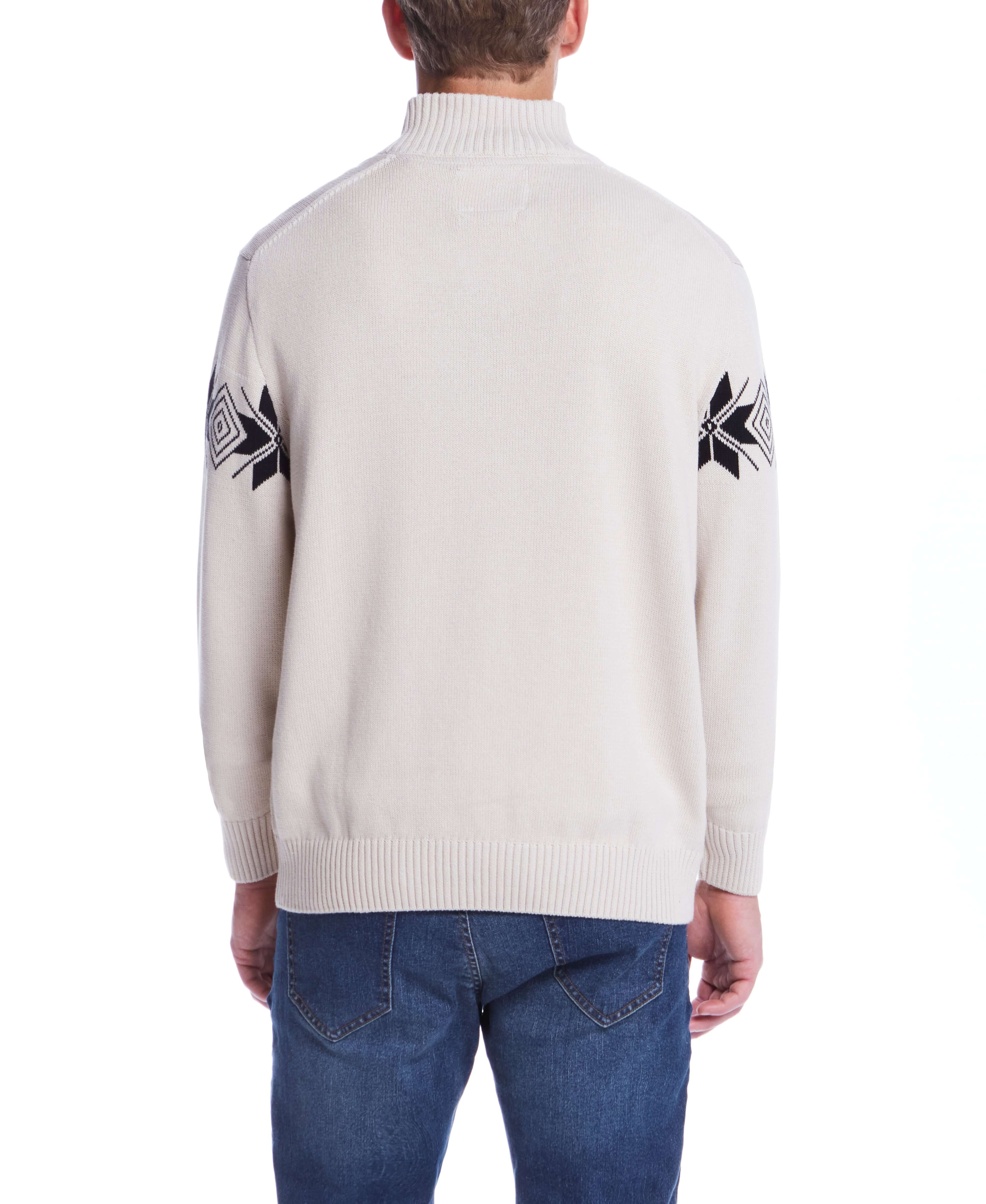 Back view of the Snowflake Quarter Zip Sweater in Beige, featuring black details on the sleeves.