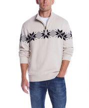 Snowflake Quarter Zip Sweater in beige with a black geometric pattern, perfect for holiday wear.