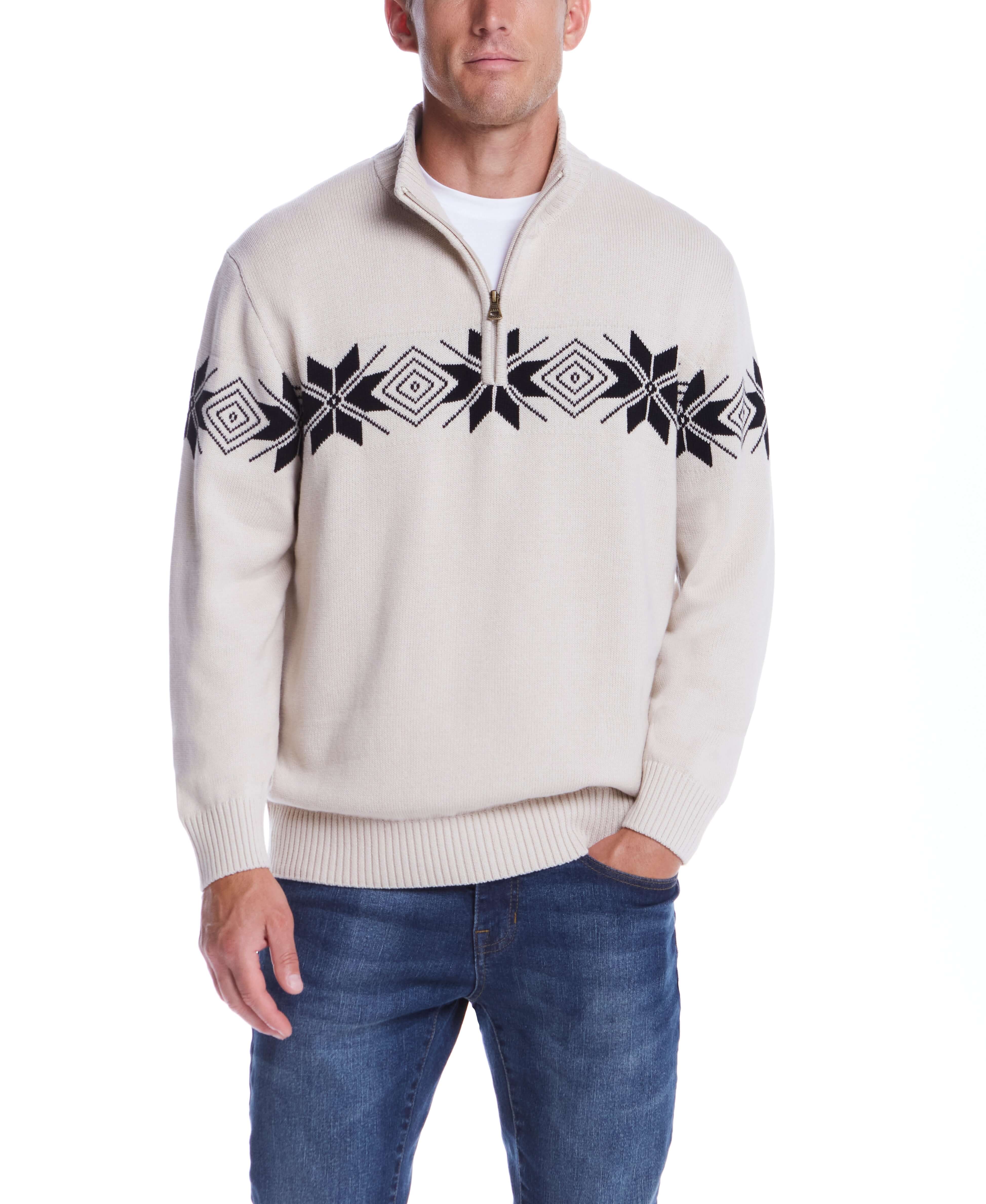 Beige Snowflake Quarter Zip Sweater featuring a black geometric design, perfect for versatile holiday styling.
