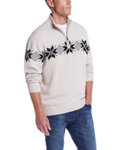 Beige Snowflake Quarter Zip Sweater on male model, featuring a winter pattern, ideal for holiday styling.