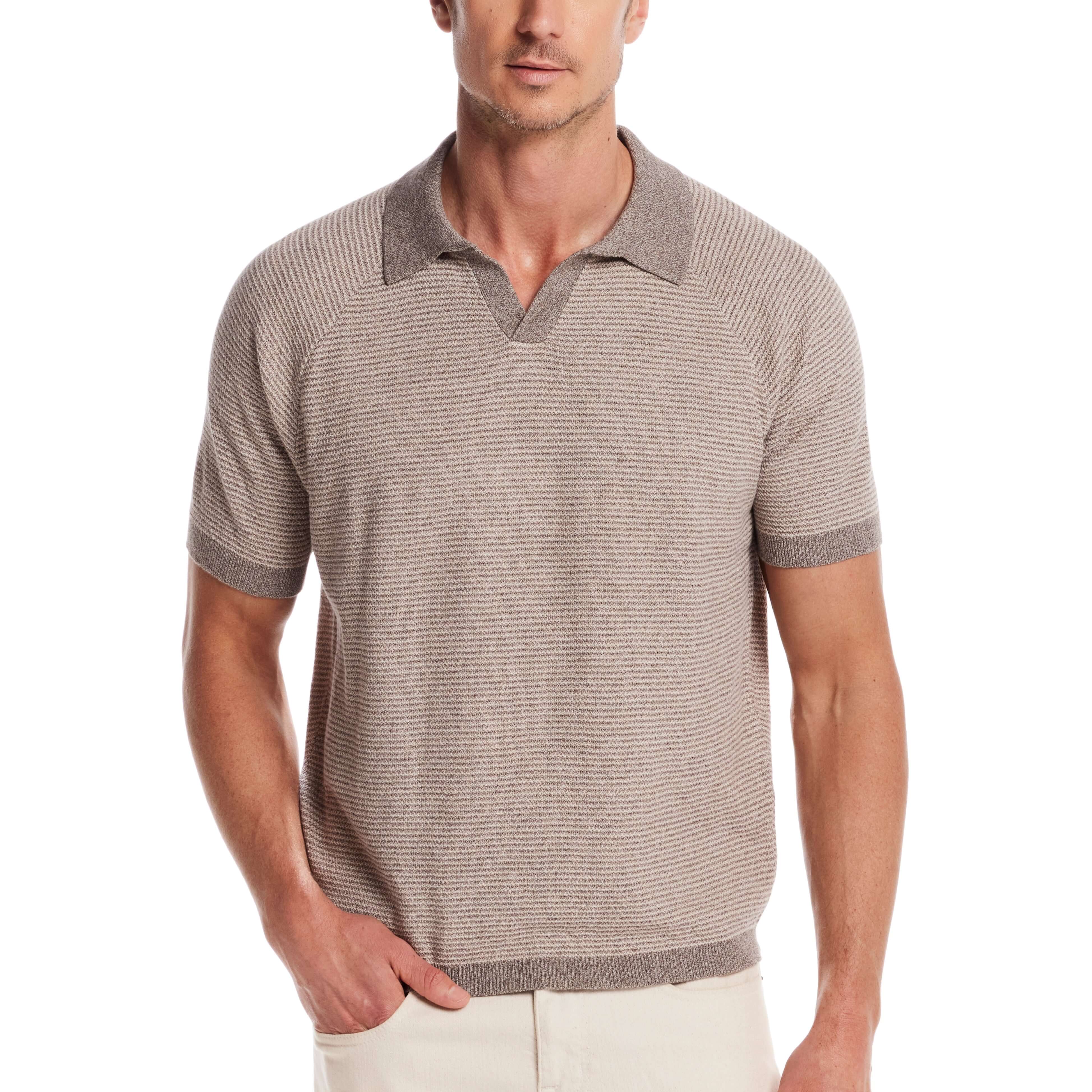 Striped Johnny collar polo sweater in brown twist, combining sophistication and comfort for a classic look.