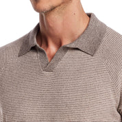 Brown striped Johnny collar polo sweater, featuring ribbed cuffs and lightweight knit for a sophisticated look.