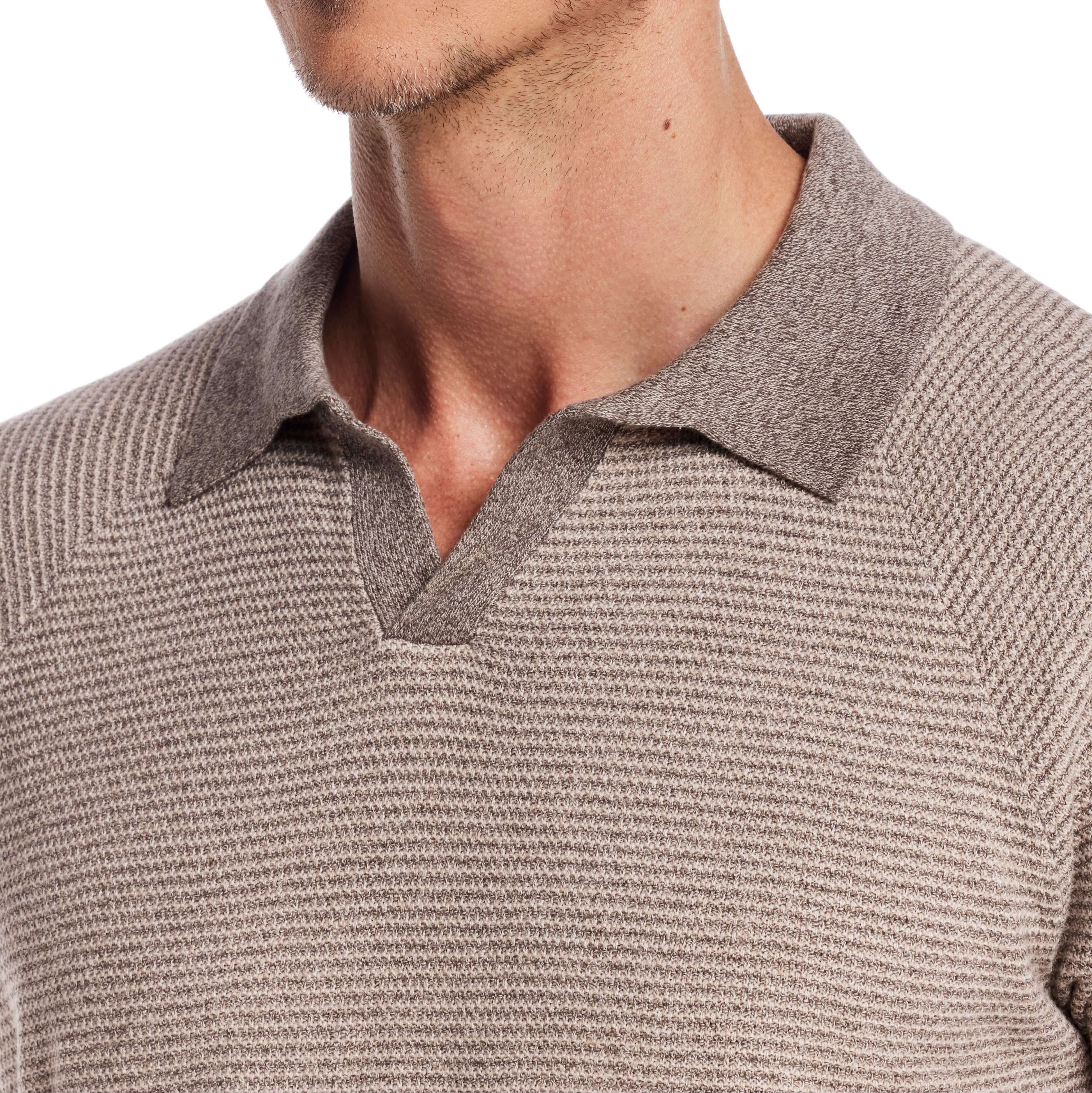 Brown striped Johnny collar polo sweater, featuring ribbed cuffs and lightweight knit for a sophisticated look.