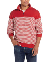 Striped 1/4 Zip Sweater In Tangerine worn by a man, featuring a mock neck and quarter zip design.