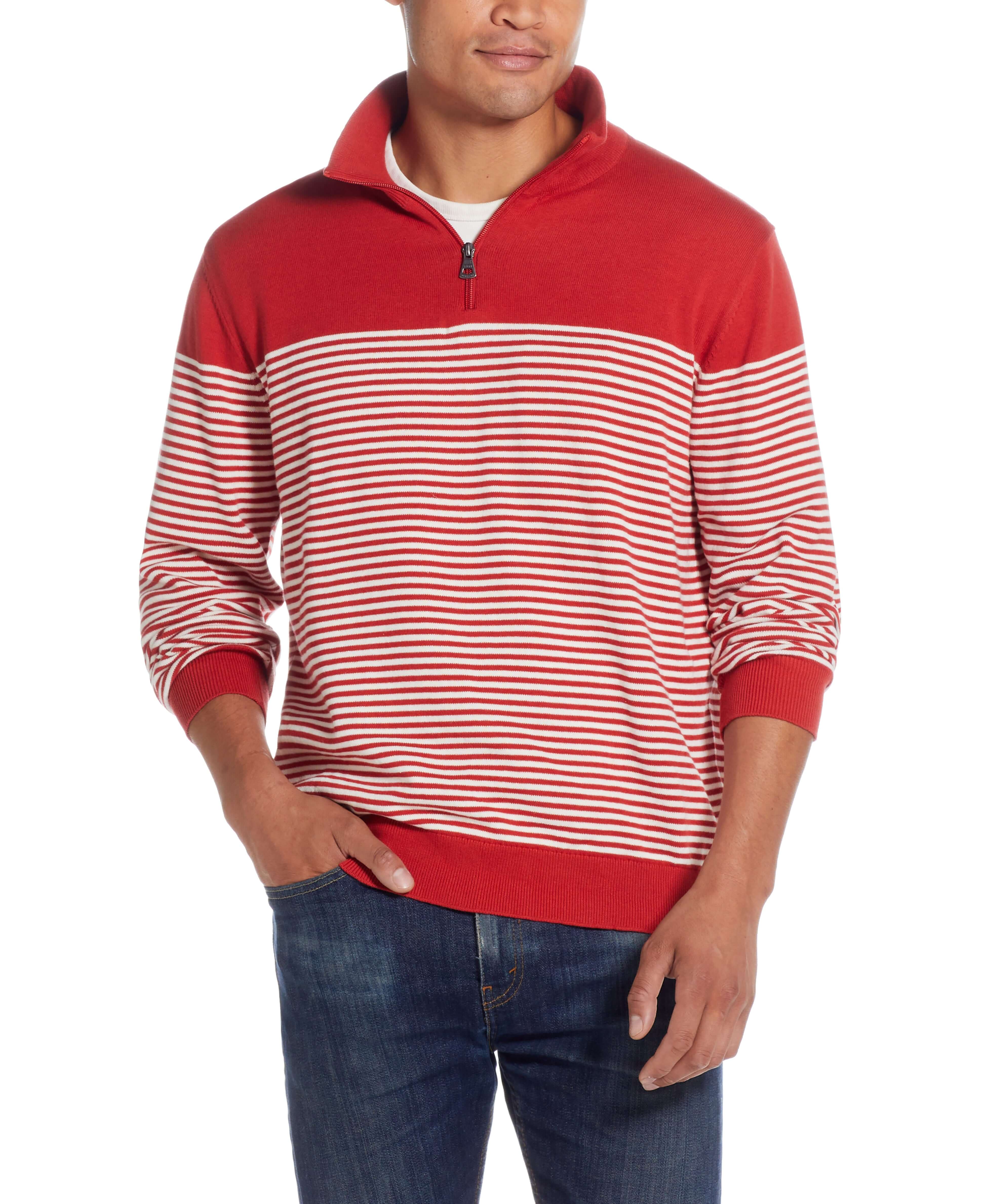 Striped 1/4 Zip Sweater In Tangerine worn by a man, featuring a mock neck and quarter zip design.