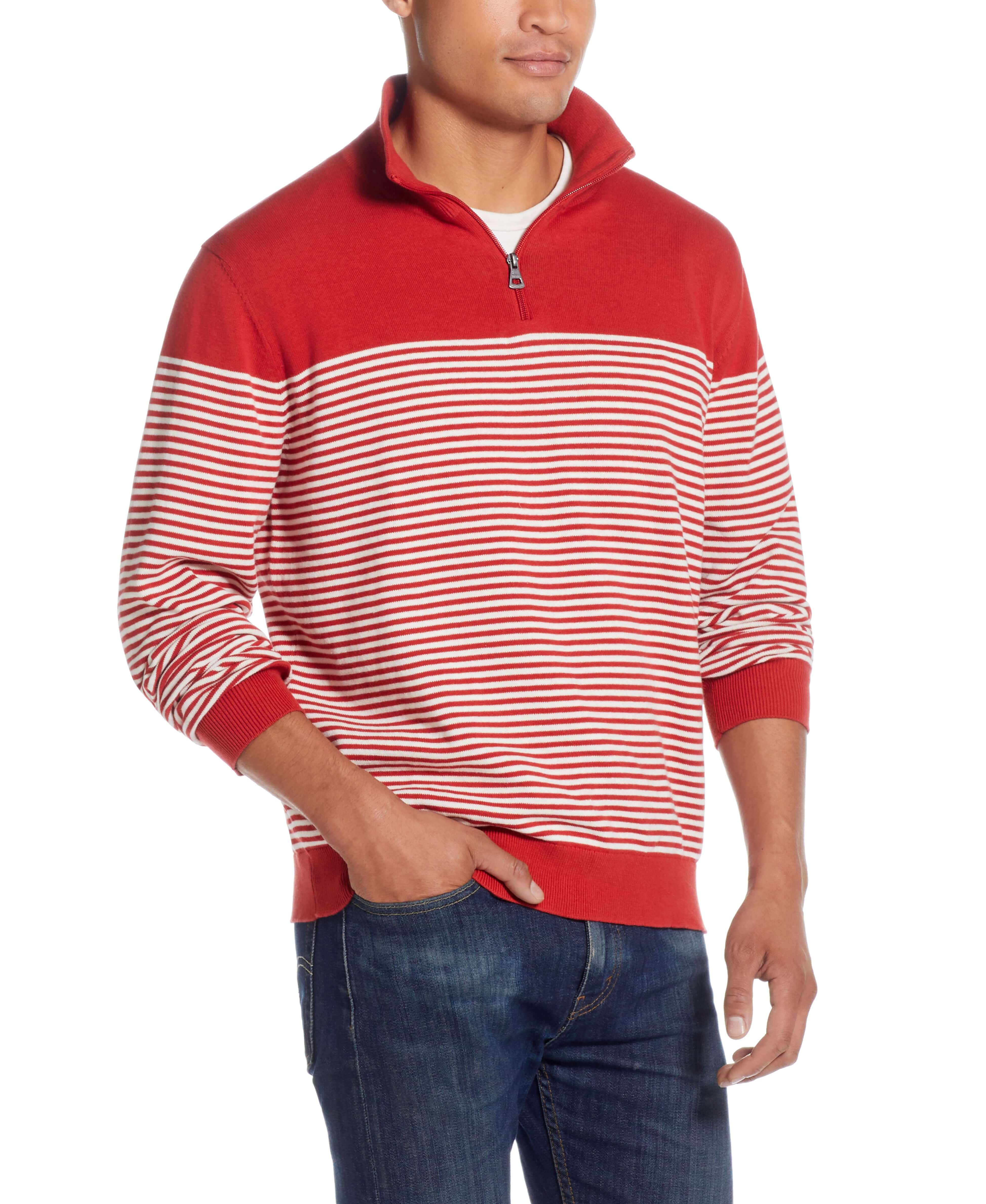 Striped 1/4 Zip Sweater In Tangerine - a lightweight mock neck quarter zip sweater perfect for layering.