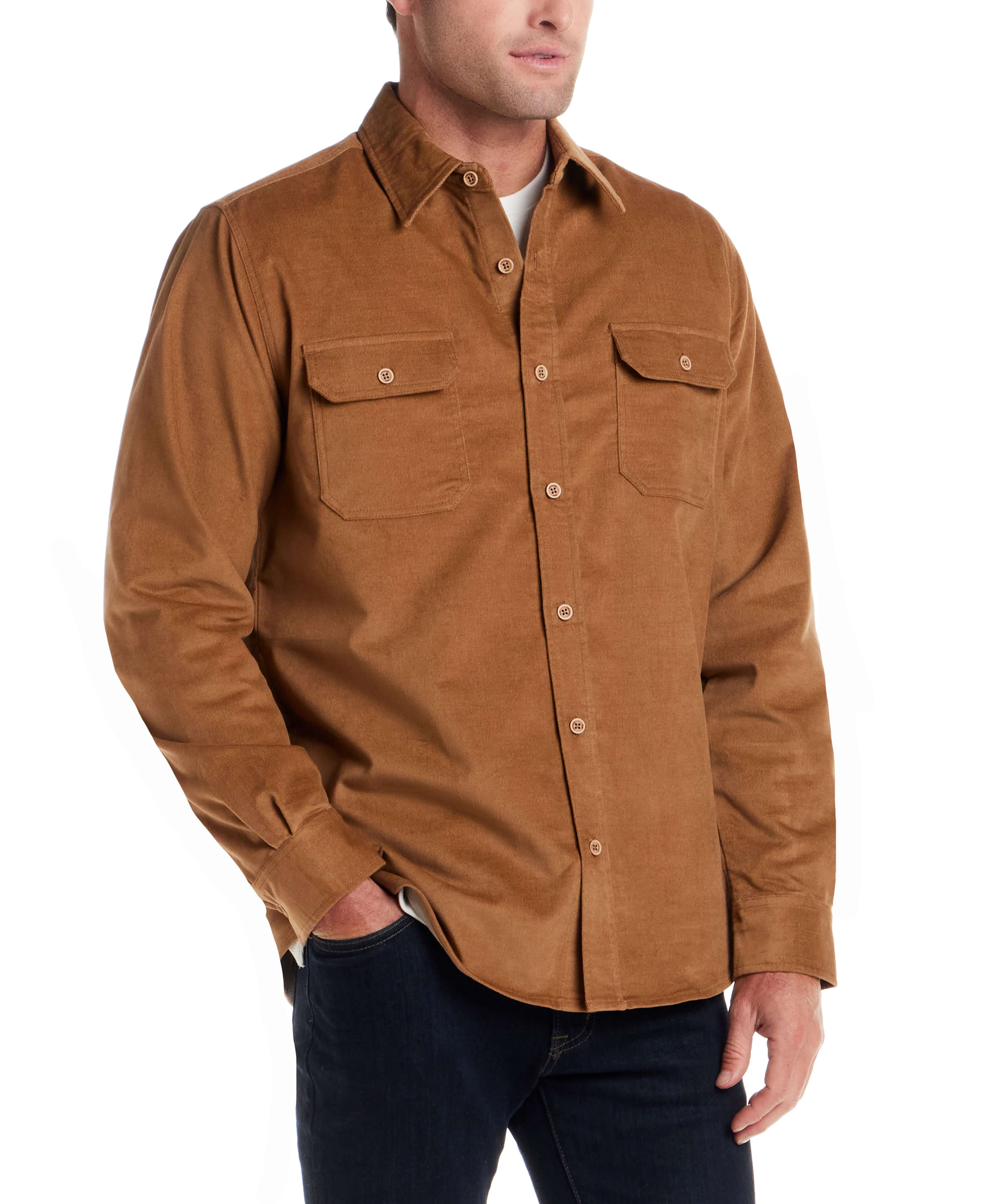 Superfine Corduroy Overshirt in Chipmunk displayed on model, featuring button front and dual chest pockets.