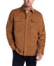 Superfine Corduroy Overshirt in Chipmunk worn by a model featuring dual chest pockets and a button front.