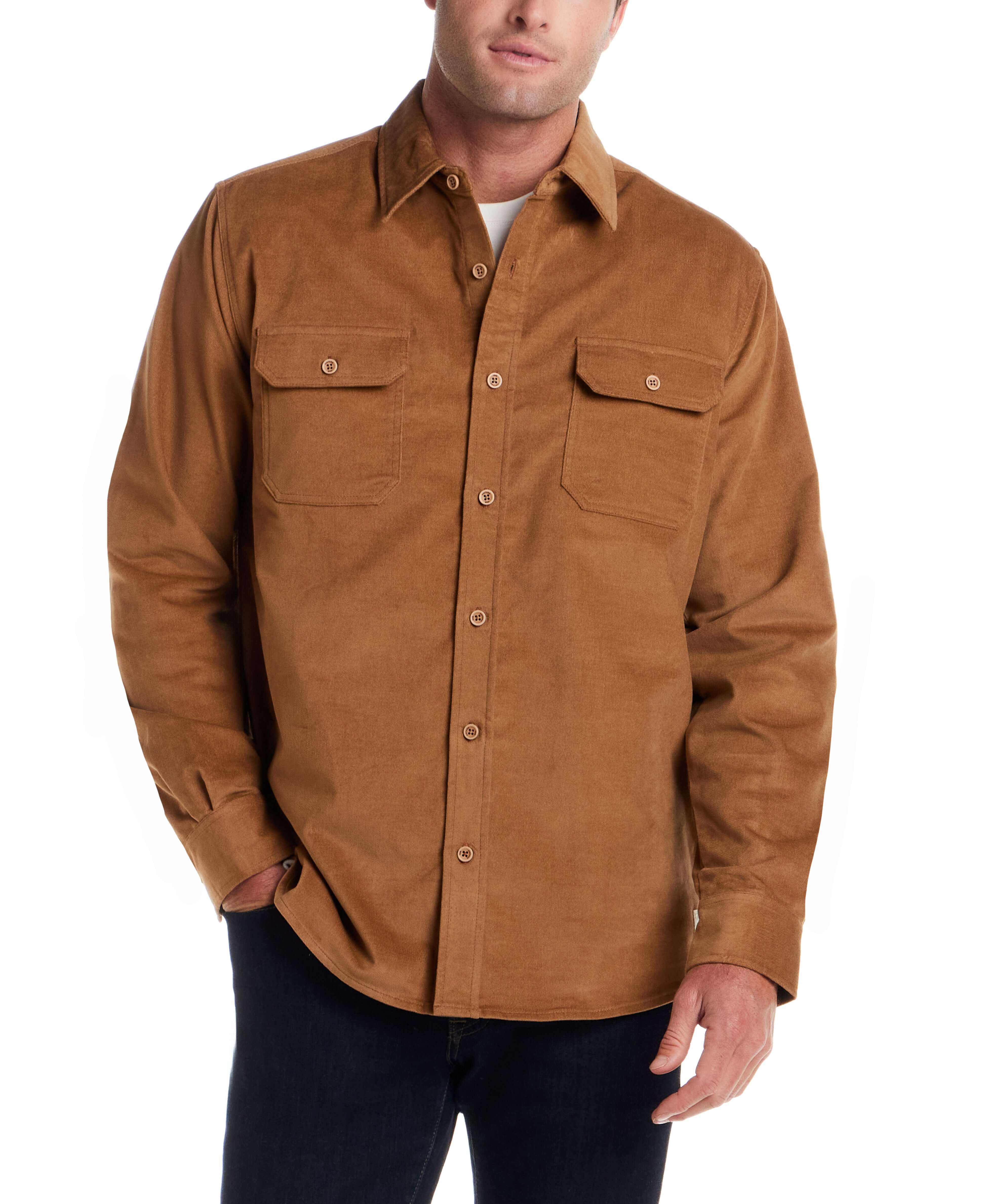 Superfine Corduroy Overshirt in Chipmunk worn by a model featuring dual chest pockets and a button front.