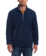 Men's teddy sherpa pullover in Pageant Blue, featuring quarter-zip and hand warmer pockets, perfect for cozy comfort.
