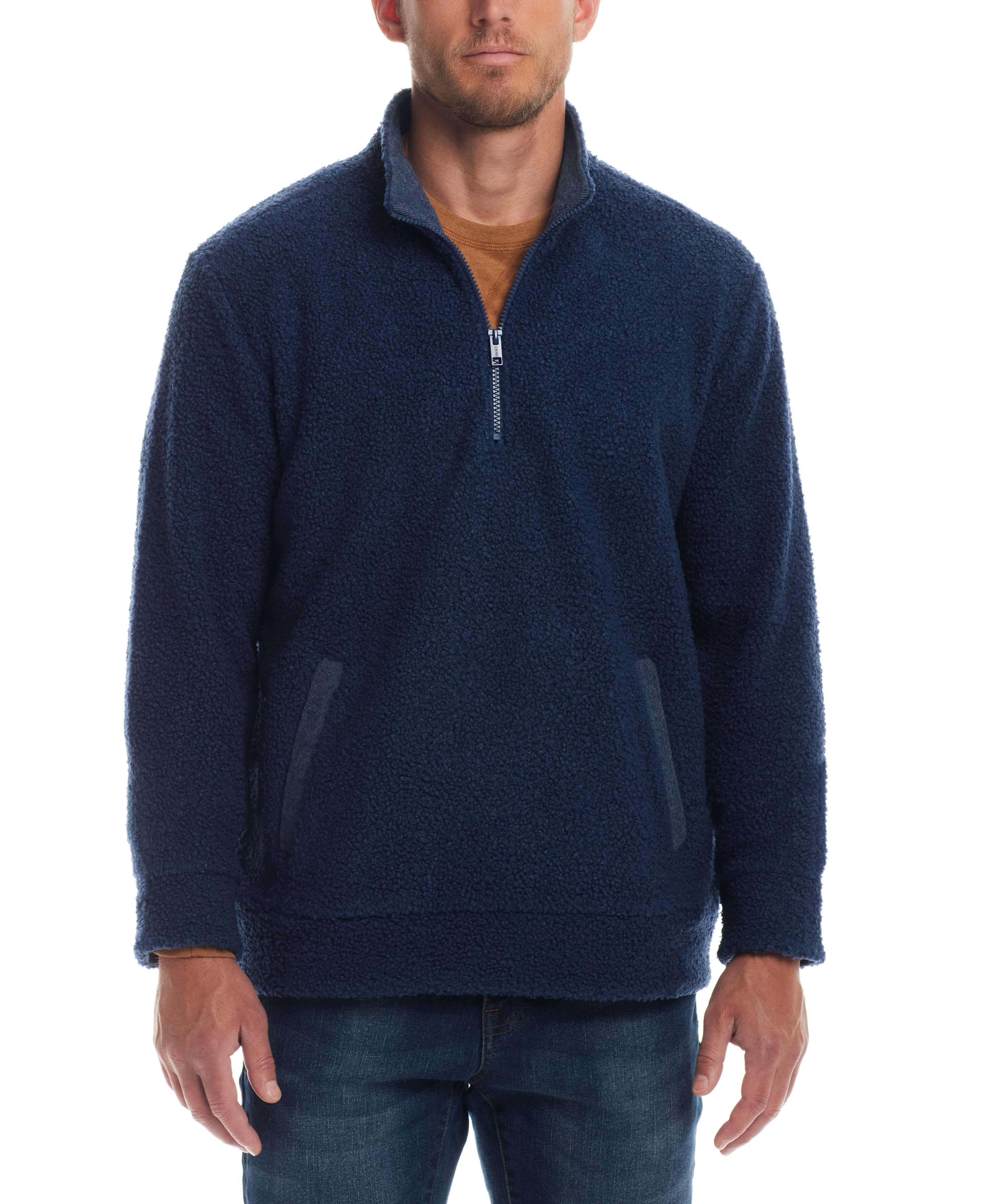 Men's teddy sherpa pullover in Pageant Blue, featuring quarter-zip and hand warmer pockets, perfect for cozy comfort.