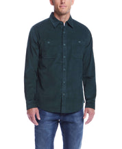 Thin Wale Solid Cord Shirt in Scarab, soft corduroy, button down collar, styled with denim, comfortable and polished look.