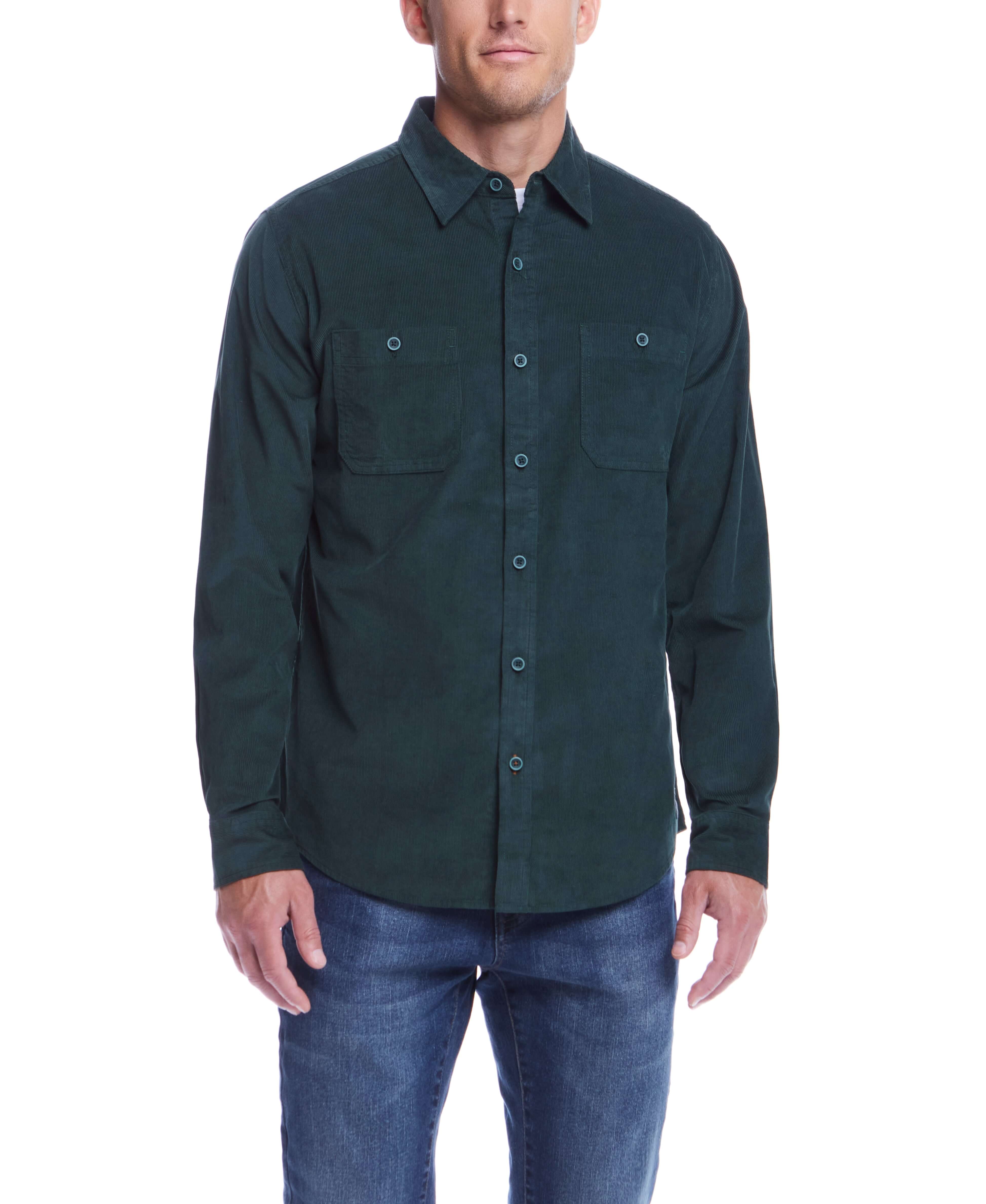 Thin Wale Solid Cord Shirt in Scarab, soft corduroy, button down collar, styled with denim, comfortable and polished look.