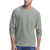 Men's Twill Stonewash Sweater in Moss, showcasing a classic roll-neck design and airy twill stitch texture.