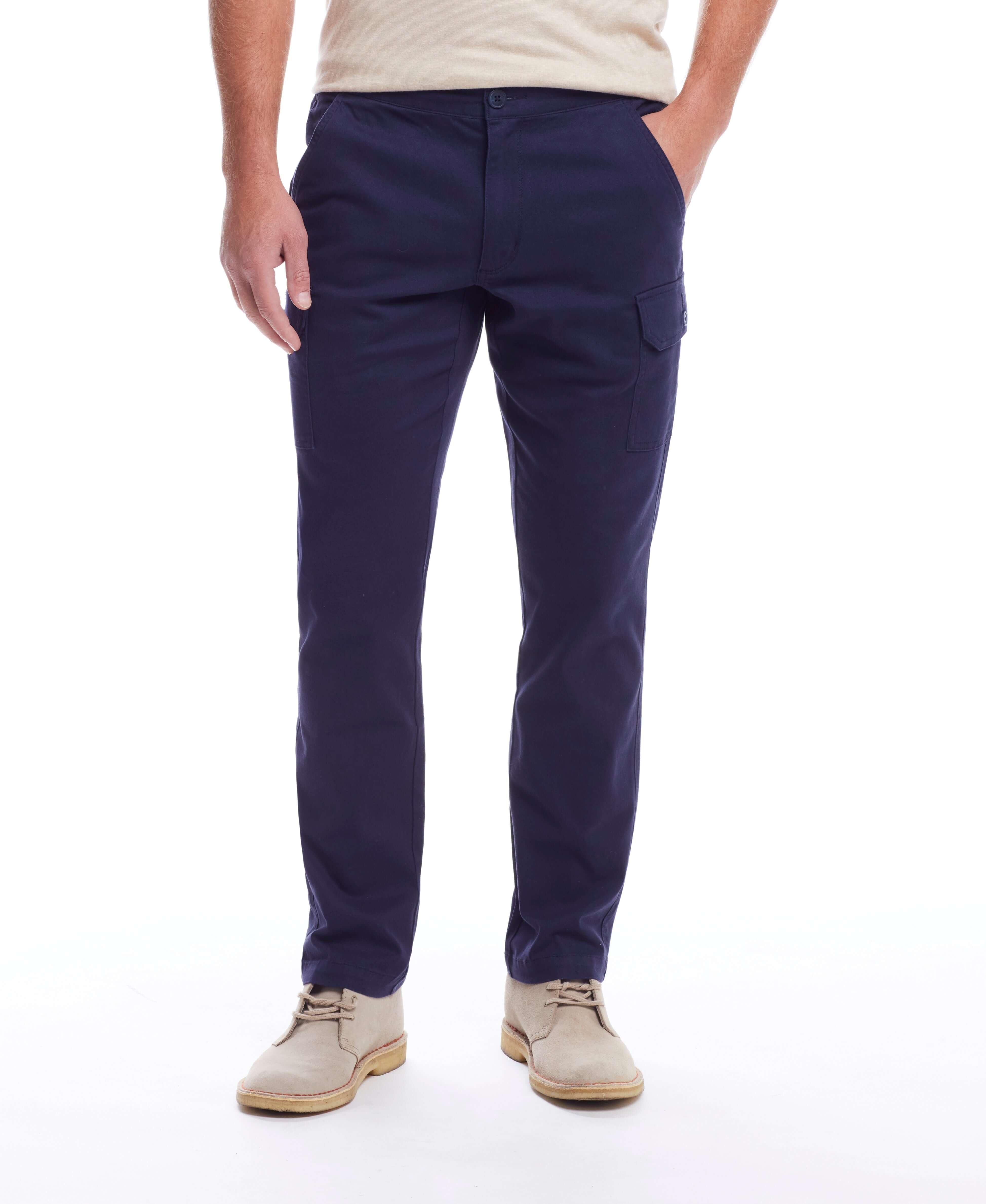 Cargo Pant In Navy displayed on a male model, featuring a stretch fit and convenient cargo pocket.