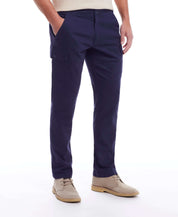 Cargo Pant In Navy displayed on a model, featuring a cargo pocket and adjustable draw cord for comfort.