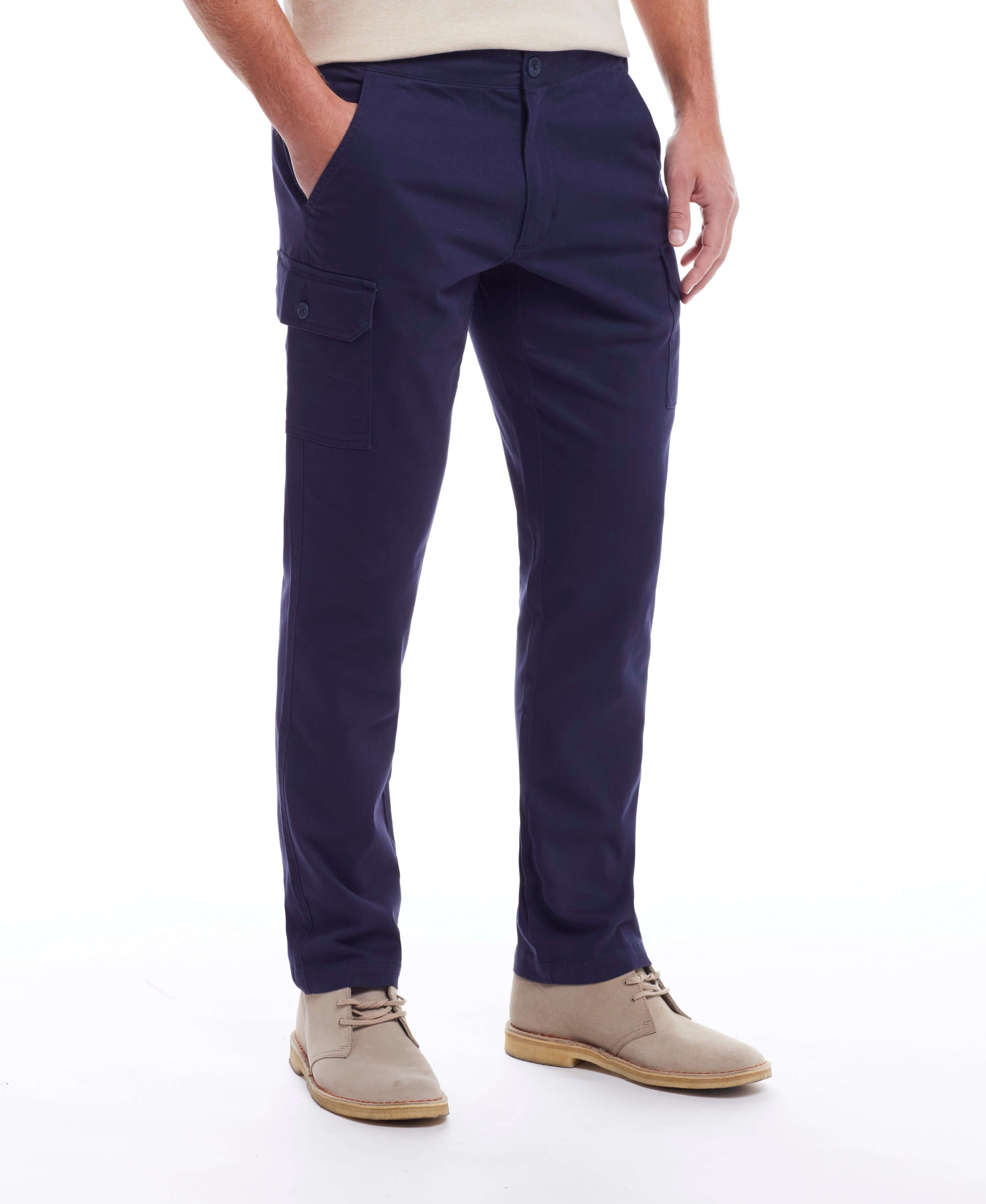 Cargo Pant In Navy displayed on a model, featuring a cargo pocket and adjustable draw cord for comfort.
