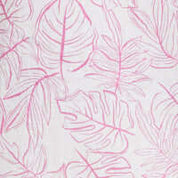 Close-up of wild rose linen cotton fabric featuring a bold pink leaf print, perfect for a breezy short sleeve shirt.