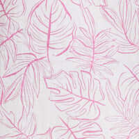 Close-up of wild rose linen cotton fabric featuring a bold pink leaf print, perfect for a breezy short sleeve shirt.