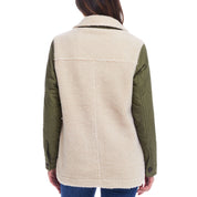 Back view of women's green quilted mixed media jacket with faux shearling, featuring a classic fit and stylish collar.