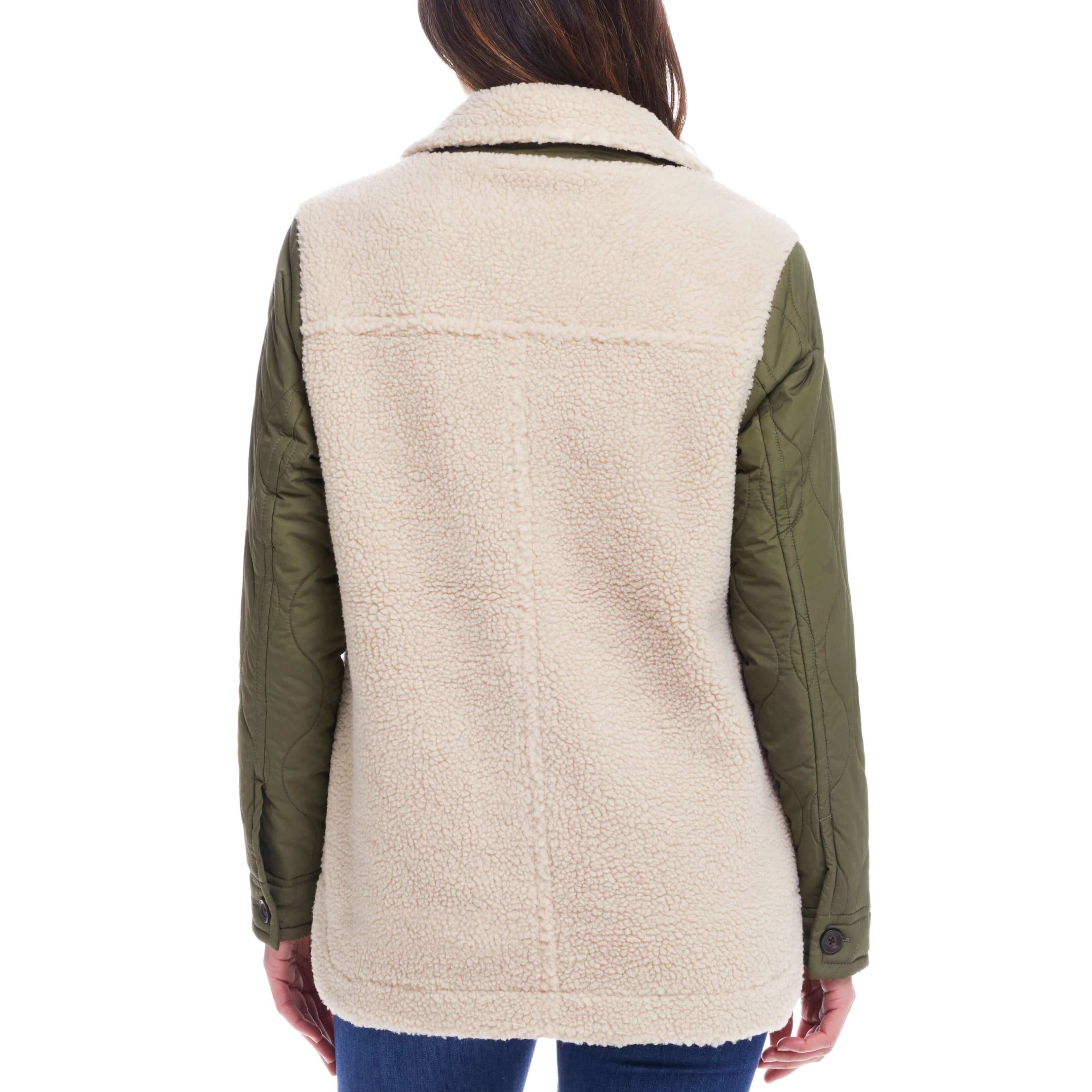 Back view of women's green quilted mixed media jacket with faux shearling, featuring a classic fit and stylish collar.