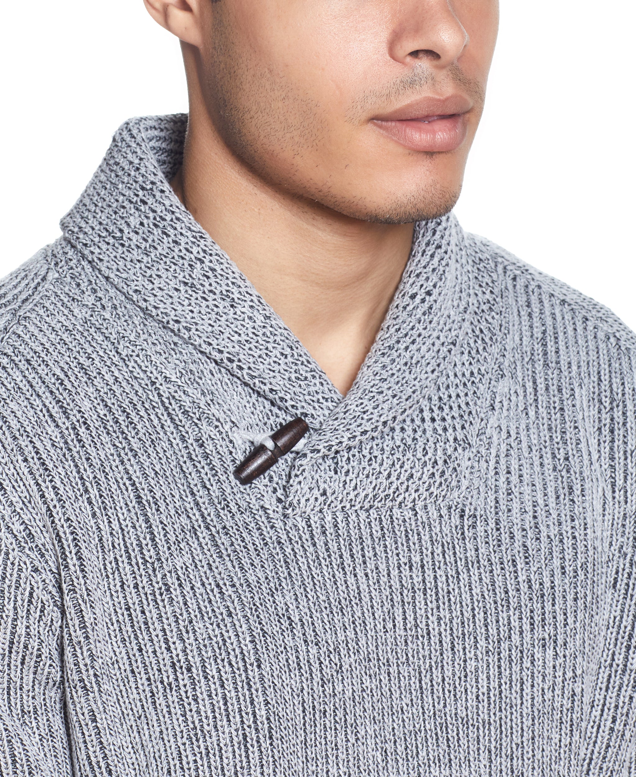 SHAKER TOGGLE SHAWL COLLAR SWEATER IN LIGHT GREY