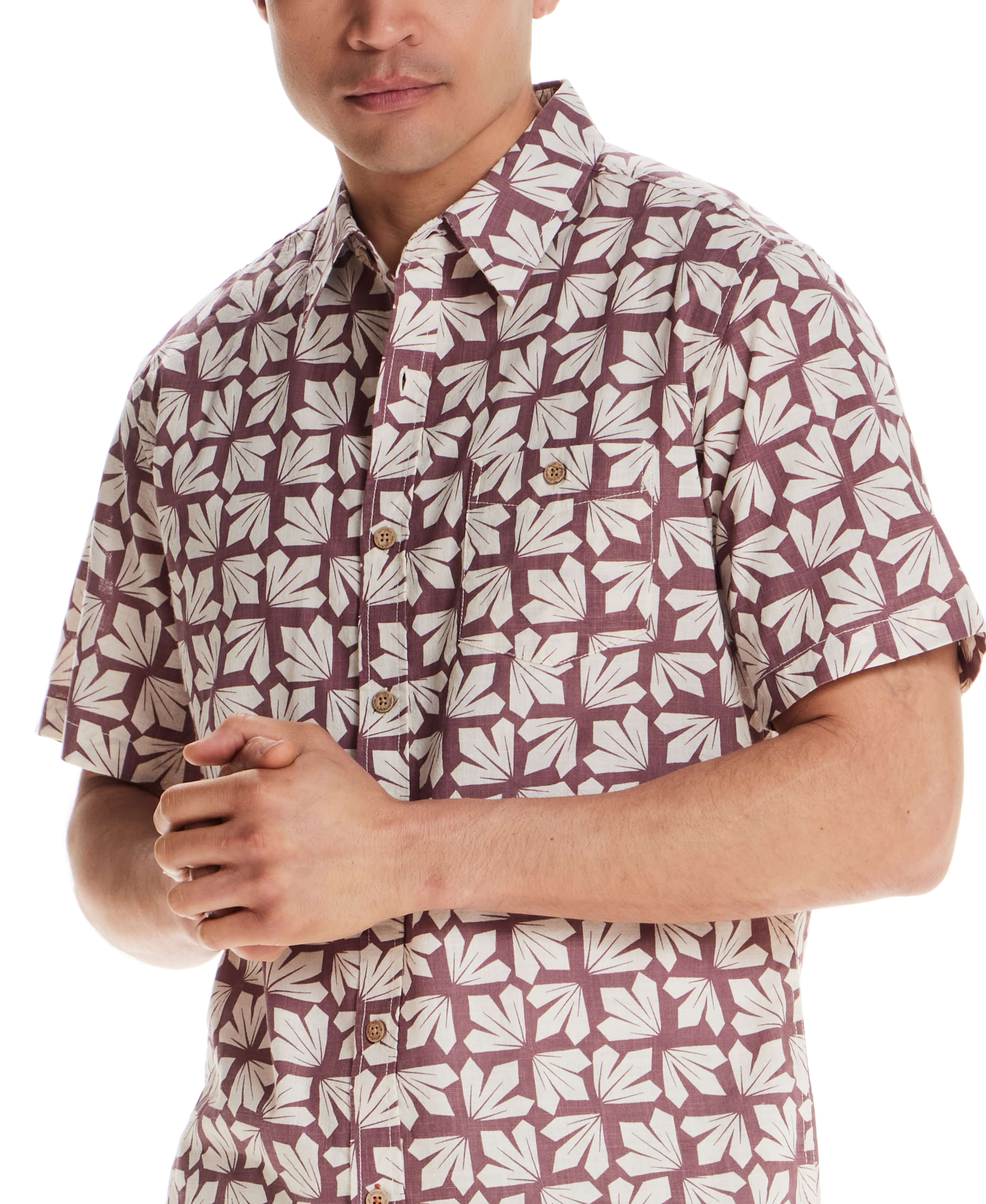 100% Cotton Linen-Texture Shirt in Deco Rose featuring a geometric floral pattern and button-up front.