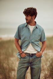 Short Sleeve Stripe Denim Shirt in Serenity Blue