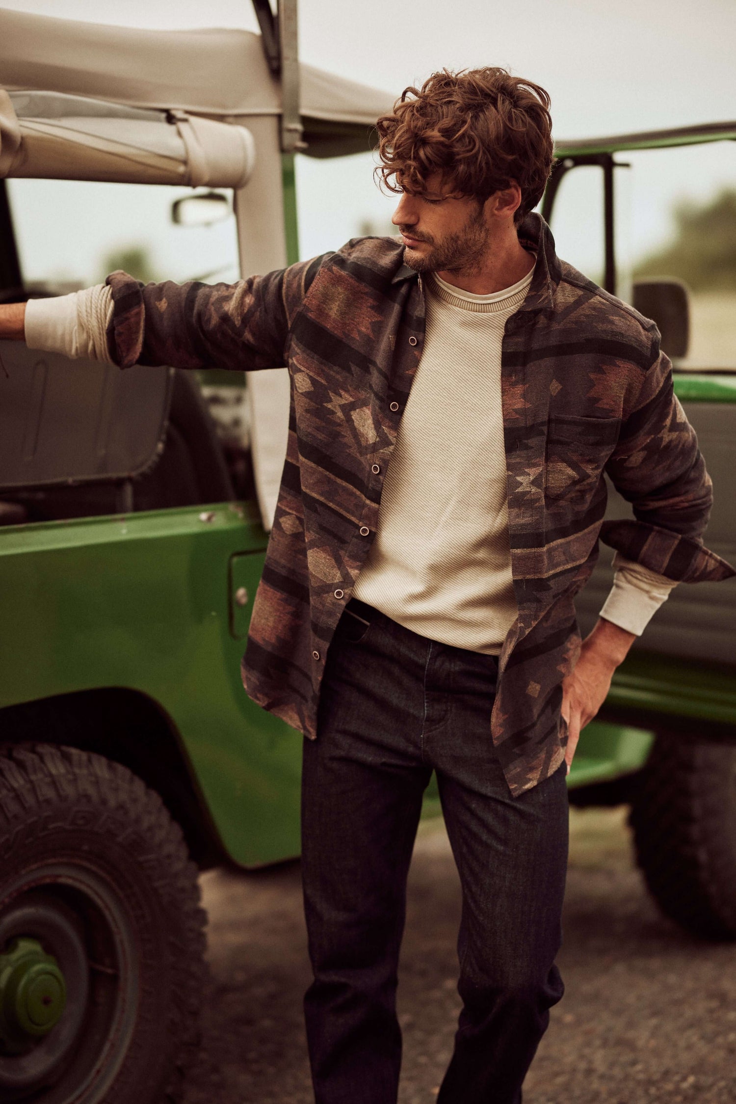 Southwest Unlined Jacquard Overshirt in Chocolate Torte worn casually, showcasing its relaxed fit and Southwest pattern.