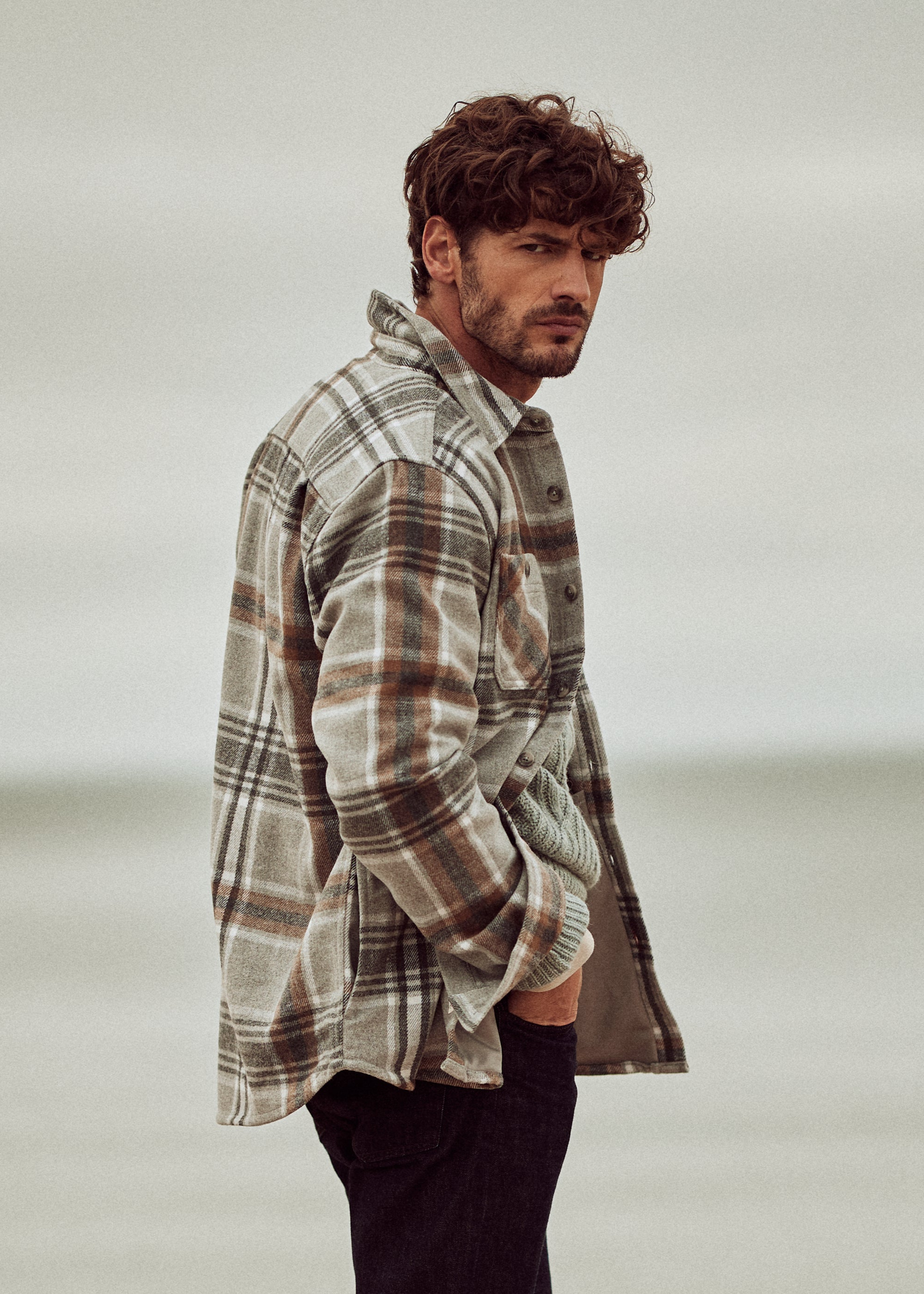 Wool Blend Plaid Shirt Jacket in Castor Grey