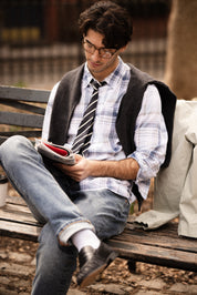 Bundle Plaid Button Down in Ice Blue + Slim Fit Denim Jeans In Cracked Ice