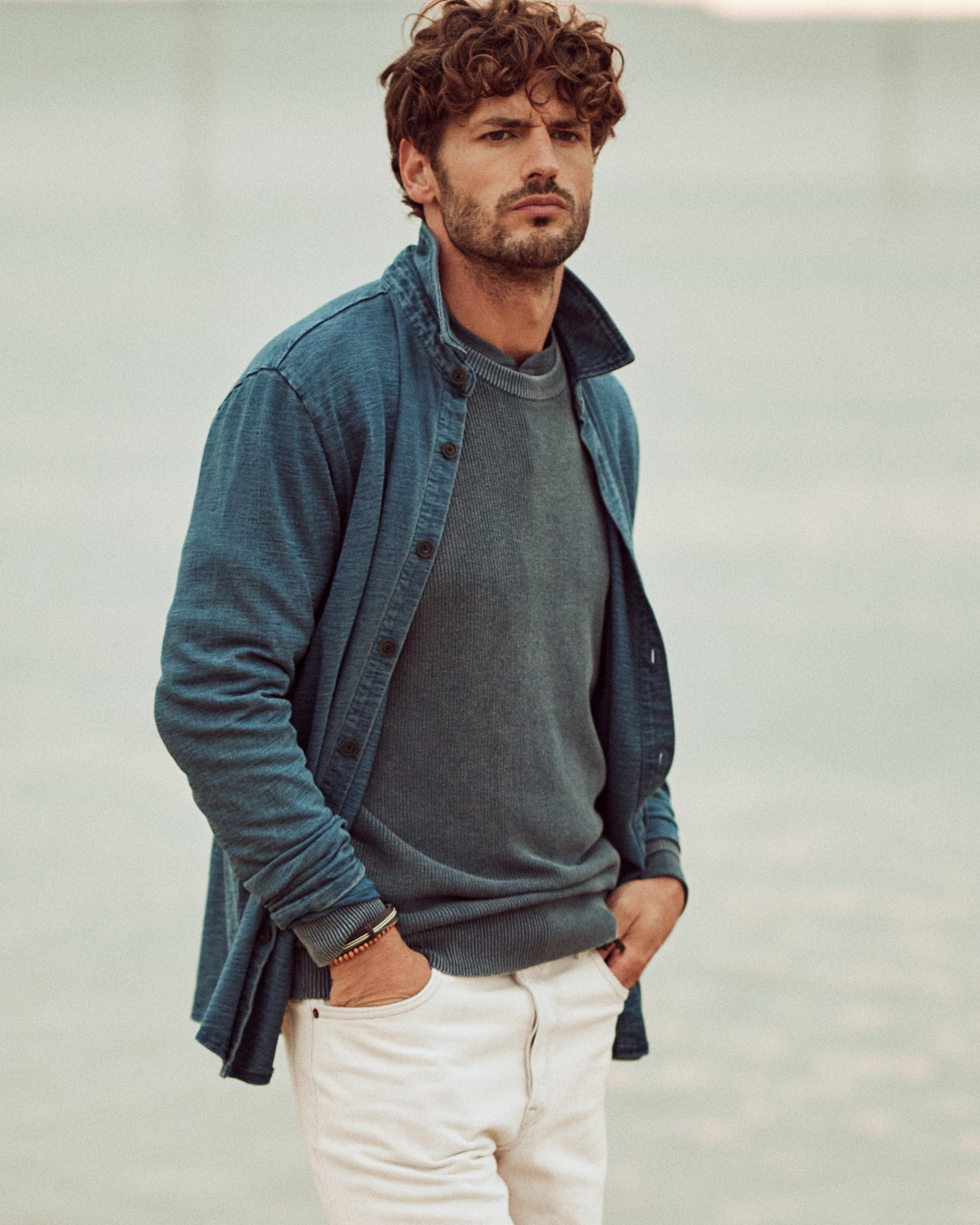 Long Sleeve Coatfront Knit in Medium Indigo