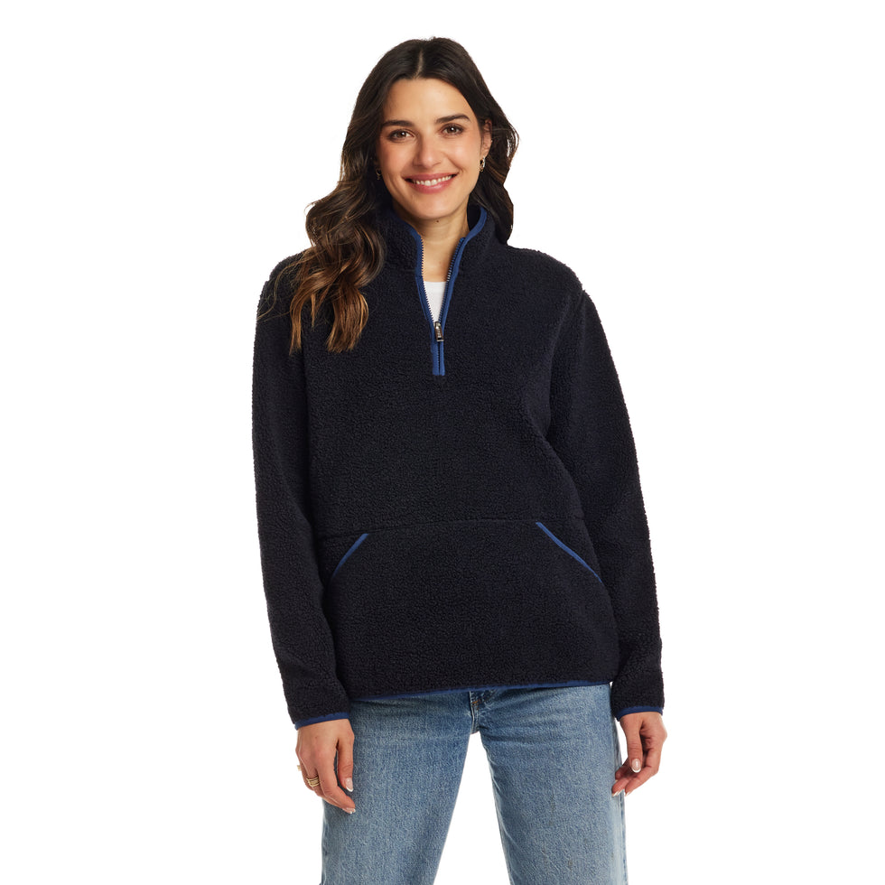 Women's Teddy Sherpa Quarter Zip Pullover in Navy SMALL Navy
