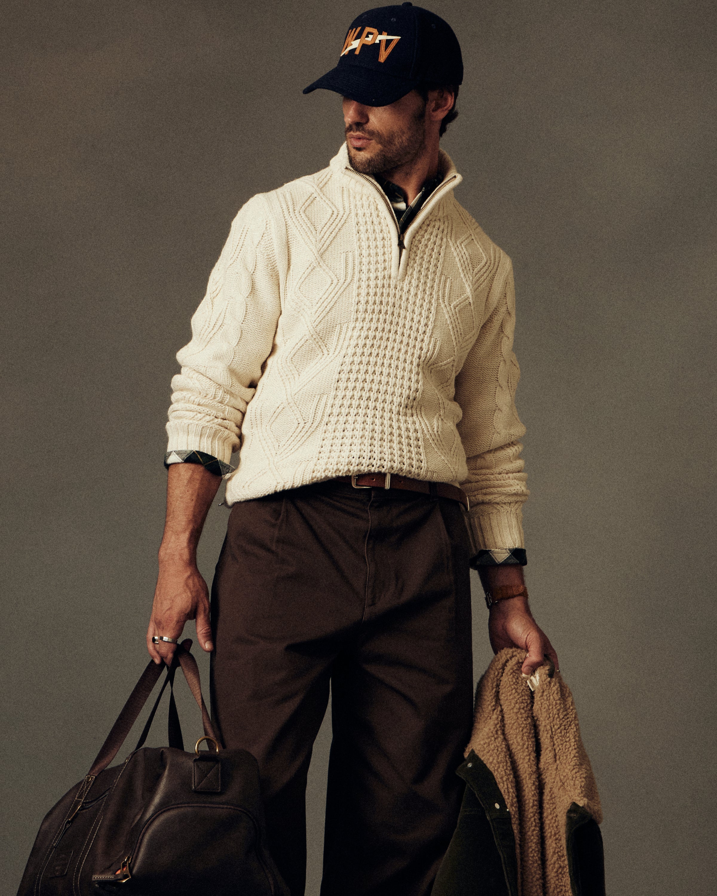 Mixed-Stitch Cable Quarter-Zip Sweater in Ecru
