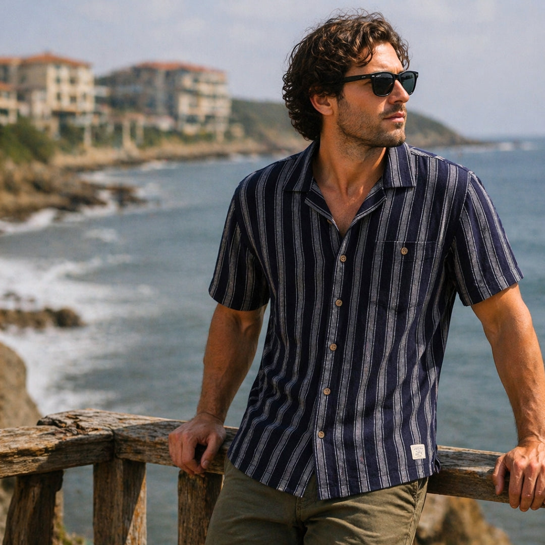 Linen Rayon Stripe Camp Shirt in Navy