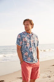 Printed Short Sleeve Henley In Dress Blue