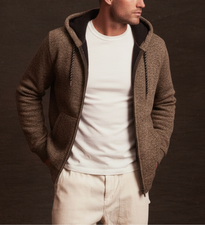 Hooded Lined Sweater Jacket in Brown Tweed