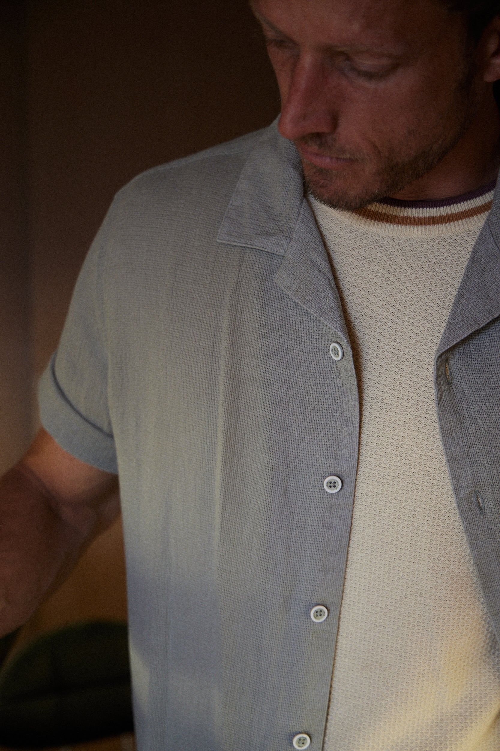 Short Sleeve Cotton Linen Airtex Shirt in Sea Grass