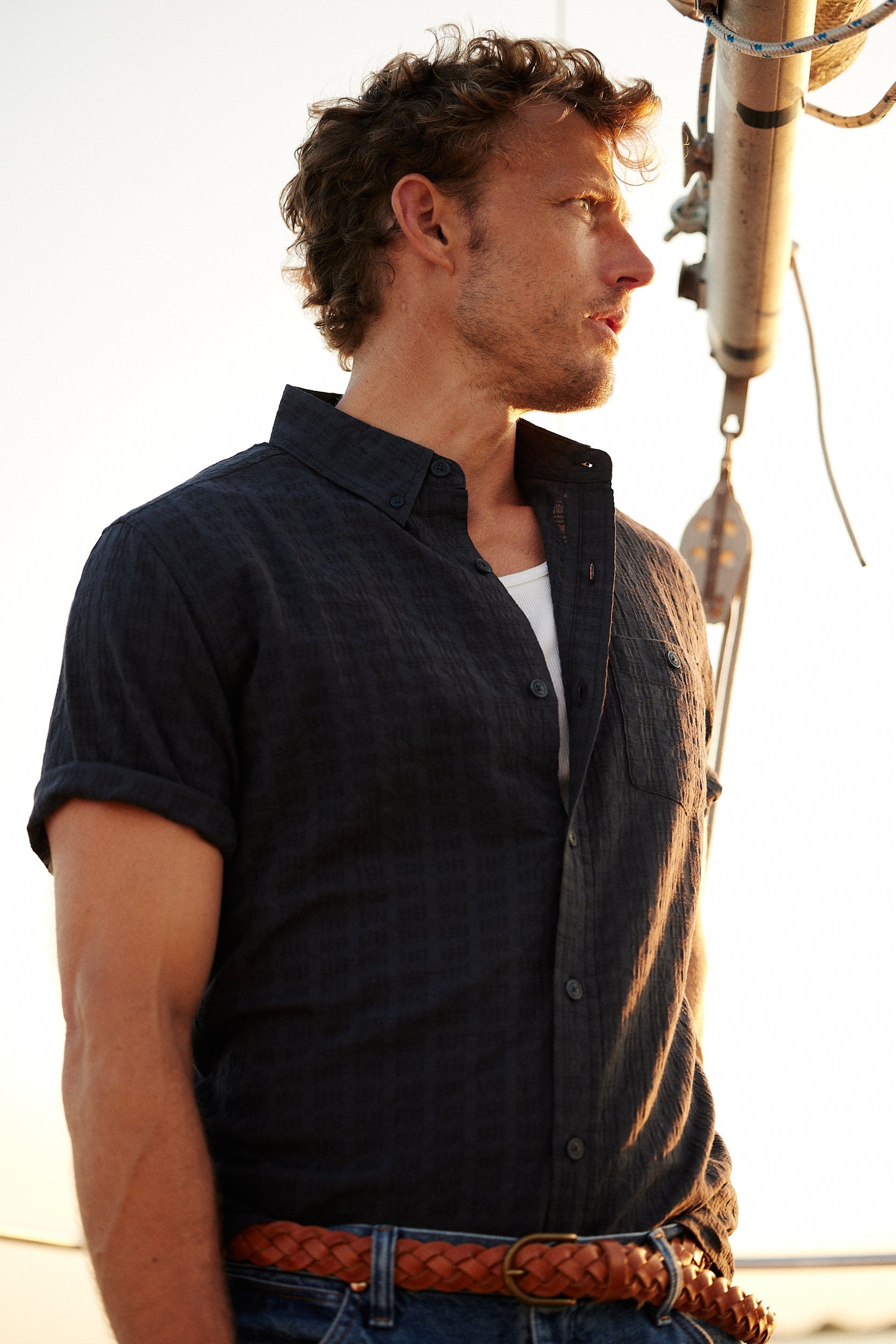Bundle Textured Cotton Button-Down Shirt in Midnight + Slim Fit Denim Jeans In Soft Blue