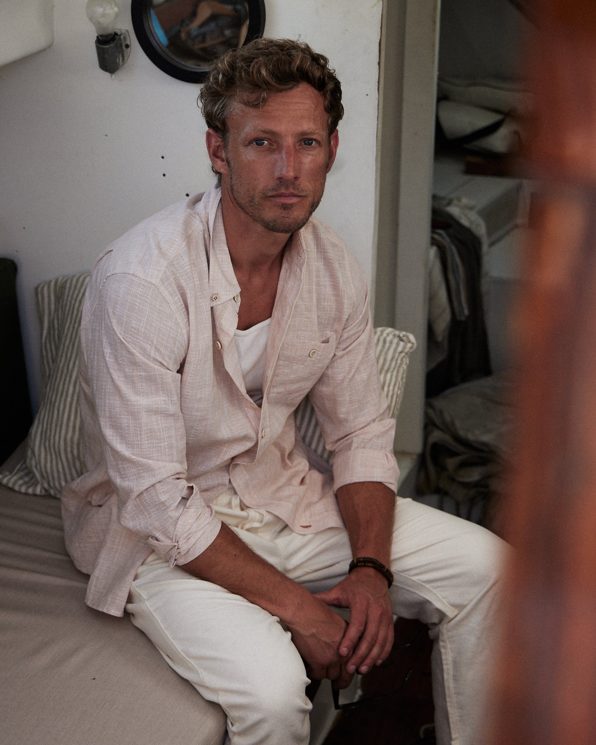 Bundle Washed Dobby Button-Down Shirt in Ecru + Linen Drawstring Pants