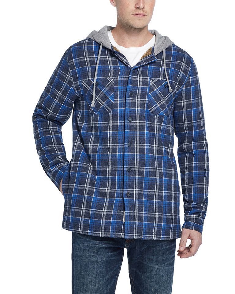 SHERPA LINED FLANNEL HOODED SHIRT JACKET in INDIGO SEA (F2688157WV)