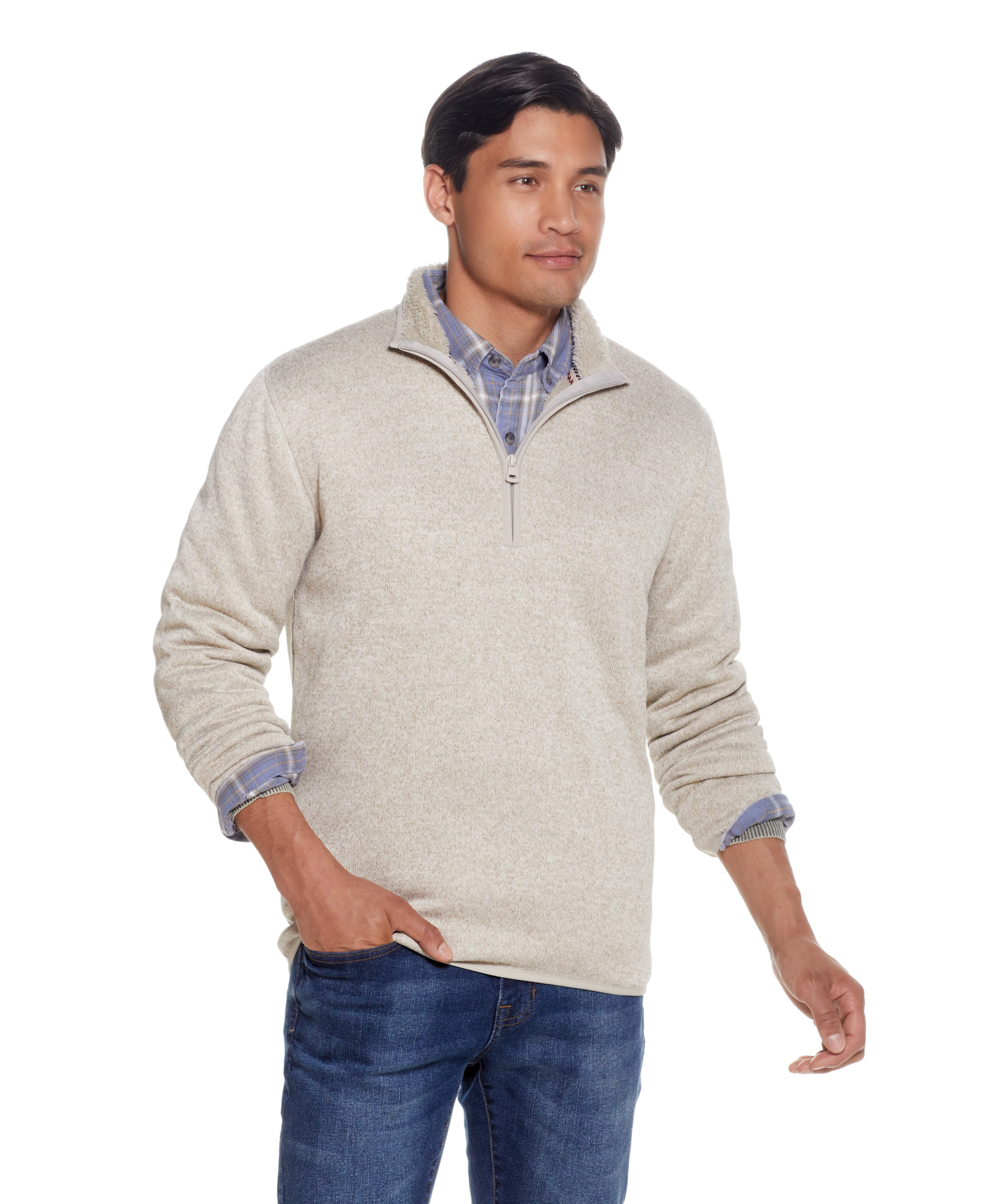 SWEATERFLEECE KNIT QUARTER ZIP W/ SHERPA in STONE