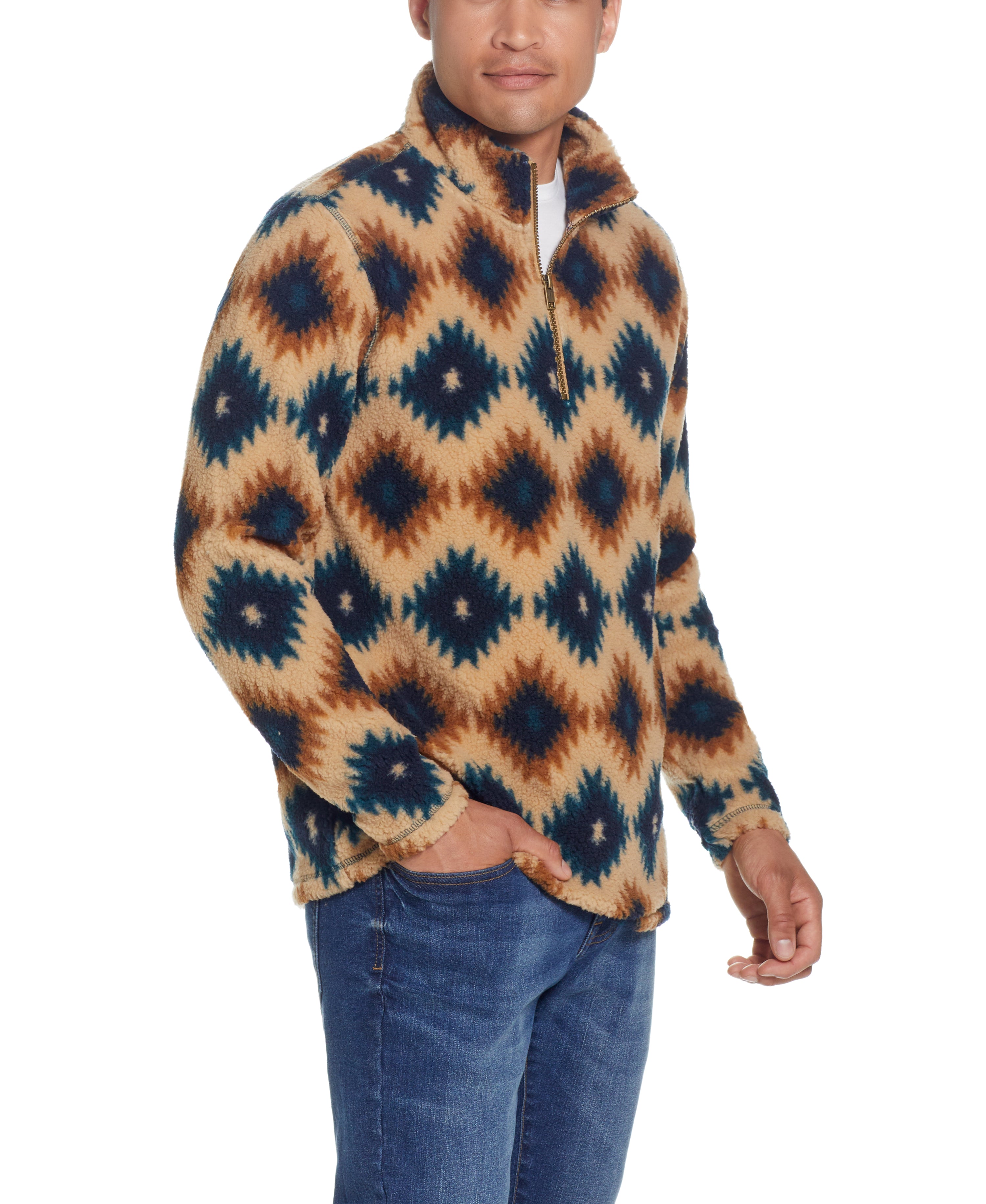 SOUTHWEST PRINTED SHERPA QUARTER ZIP in CREAM
