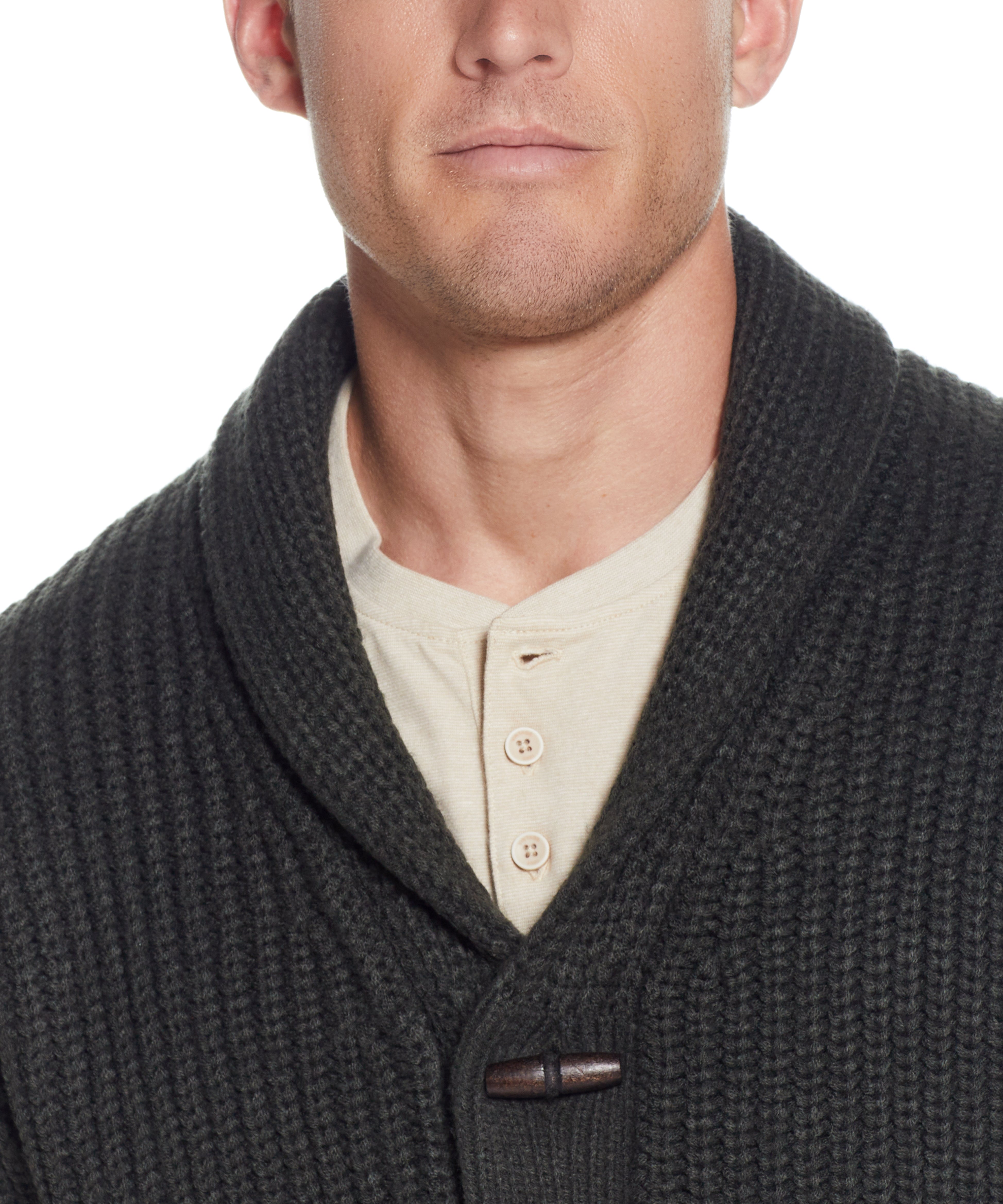 CARDI W TOGGLES LINED in DARK OLIVE with a shawl collar and wood toggle buttons for men.