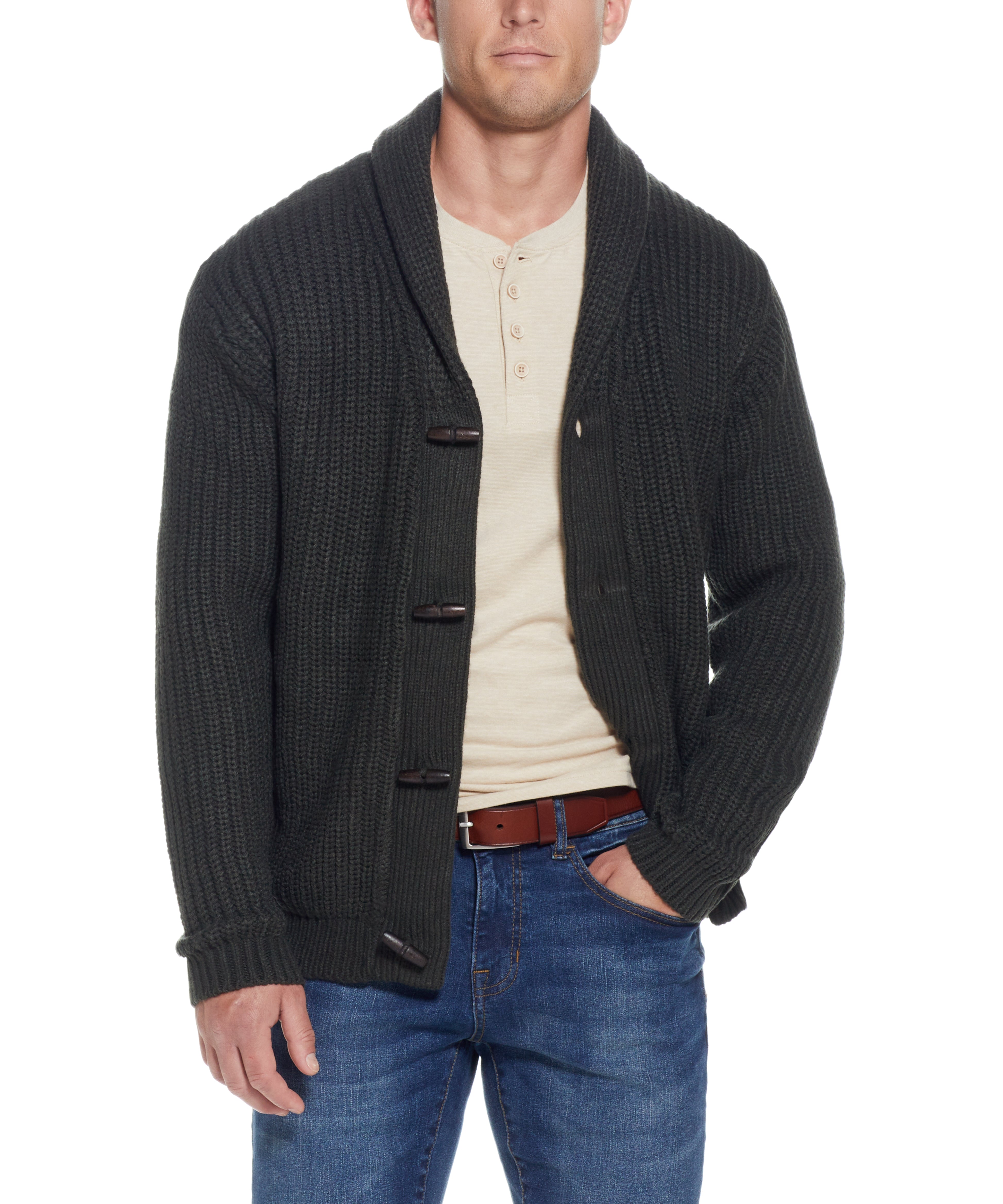 CARDI W TOGGLES LINED in DARK OLIVE worn by a man featuring wood toggle buttons and shawl collar.