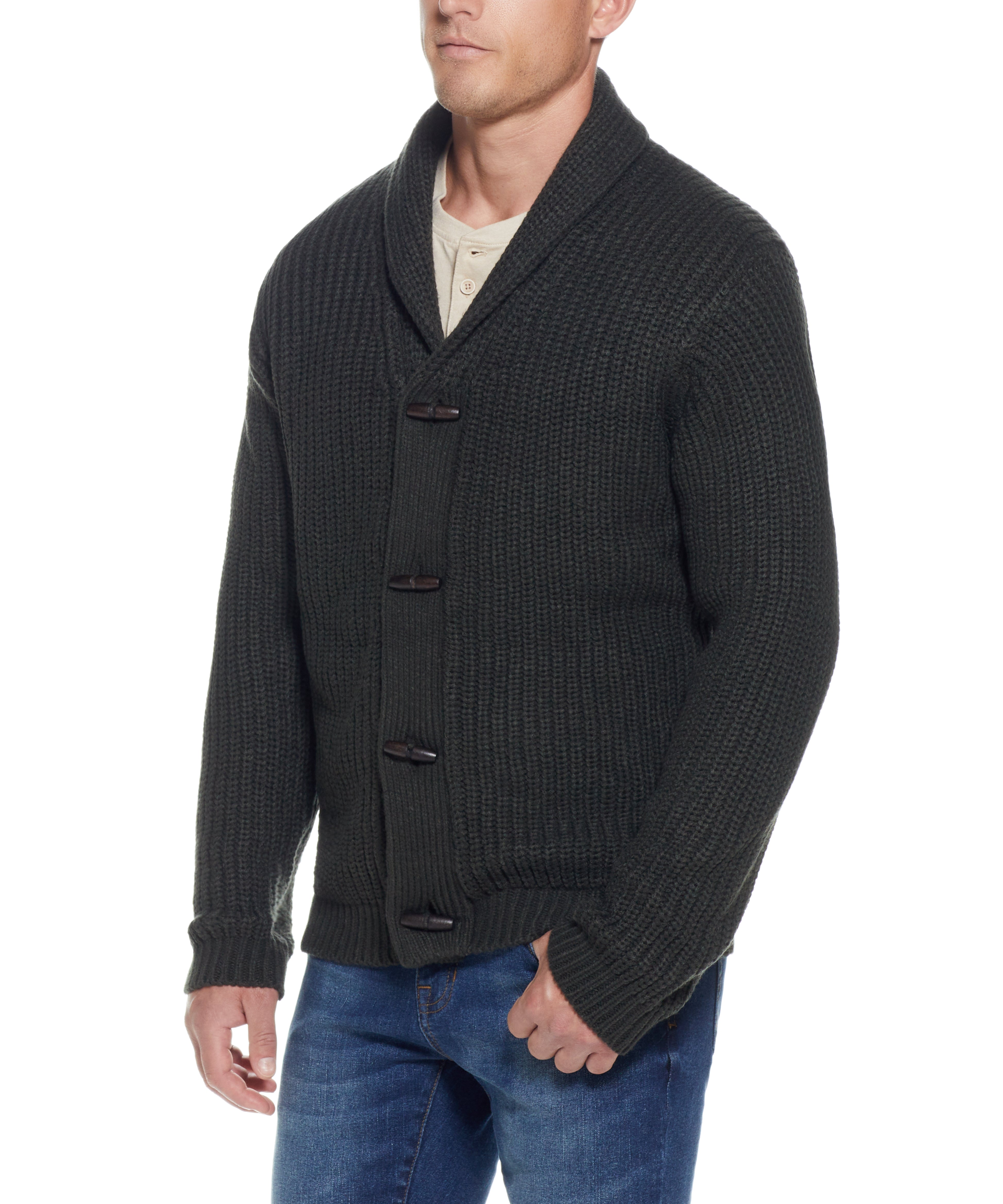 CARDI W TOGGLES LINED in DARK OLIVE, stylish shawl collar cardigan with wood toggle buttons and rib-knit cuffs.