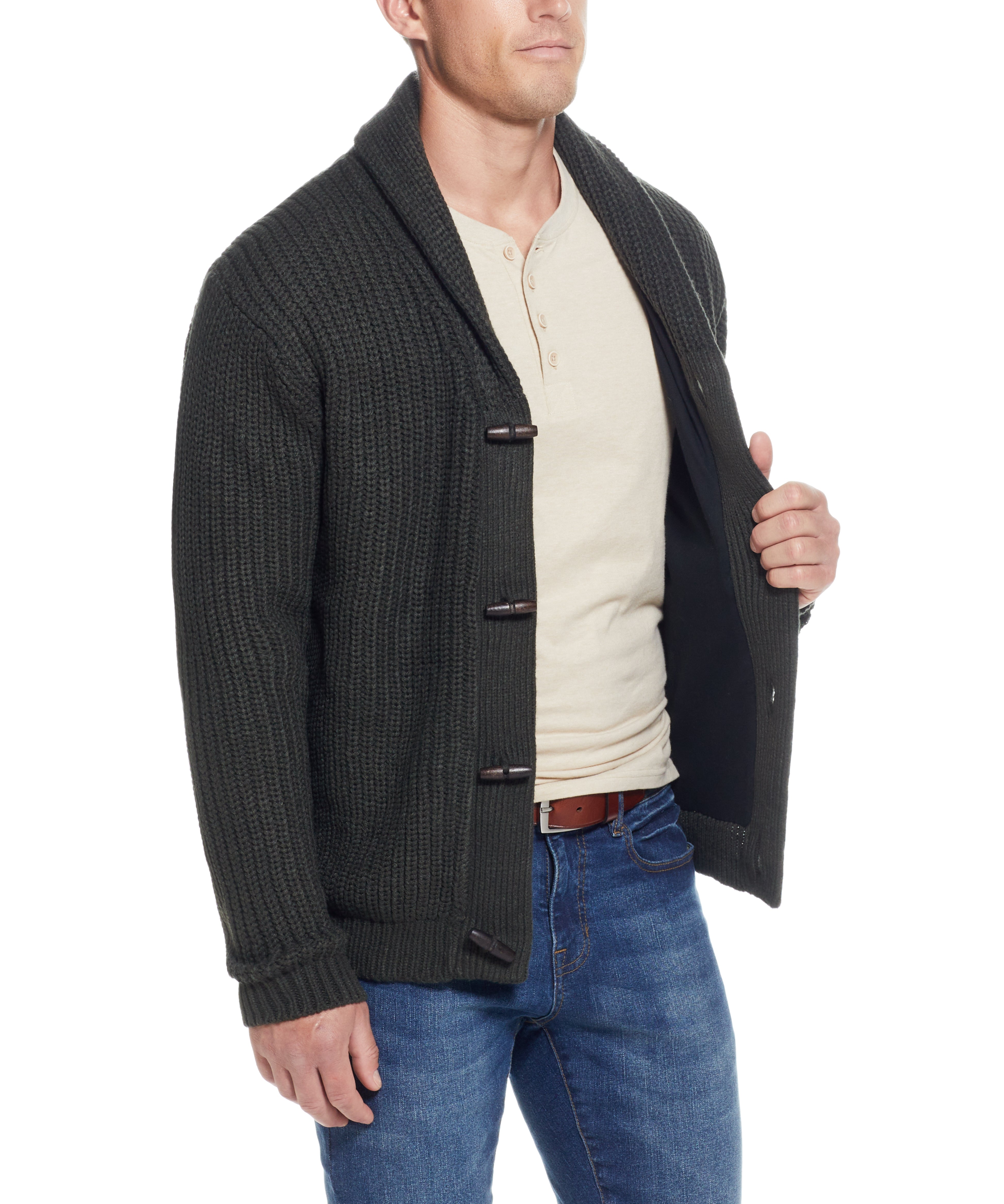 CARDI W TOGGLES LINED in DARK OLIVE worn by a model, showcasing its stylish shawl collar and classic wood toggle buttons.