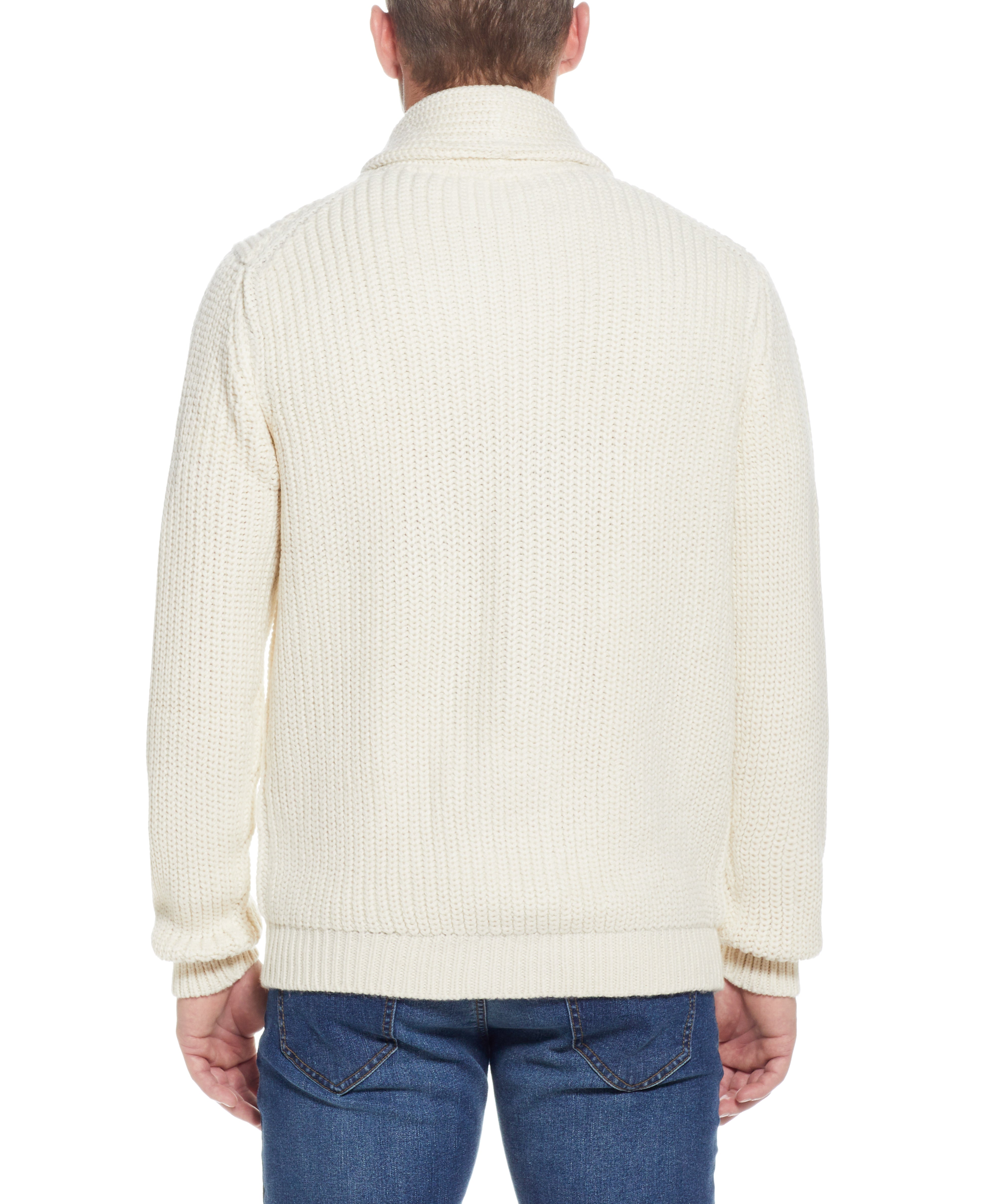 Back view of CARDI W TOGGLES LINED in ECRU cardigan showcasing the shawl collar and rib-knit details.