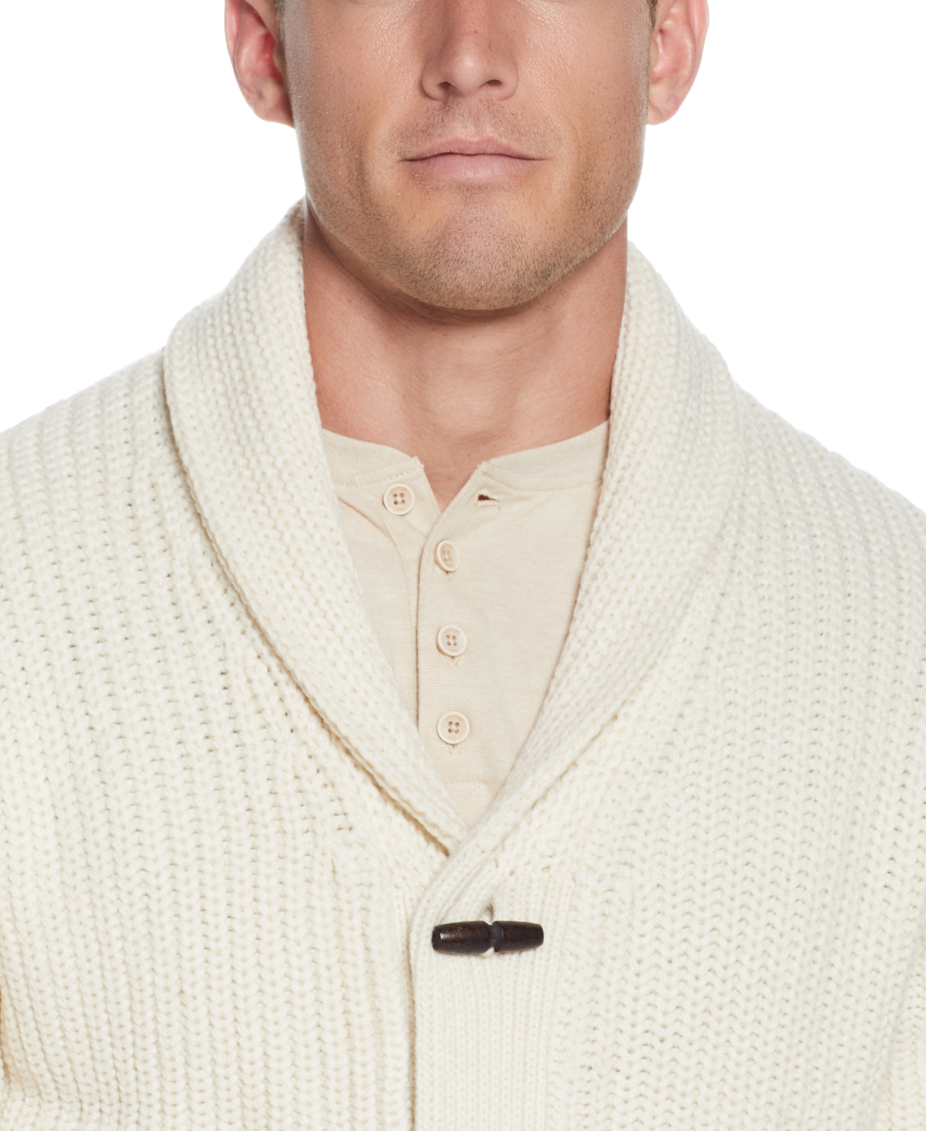 CARDI W TOGGLES LINED in ECRU worn by a model, showcasing shawl collar, wood toggle buttons and rib-knit design.